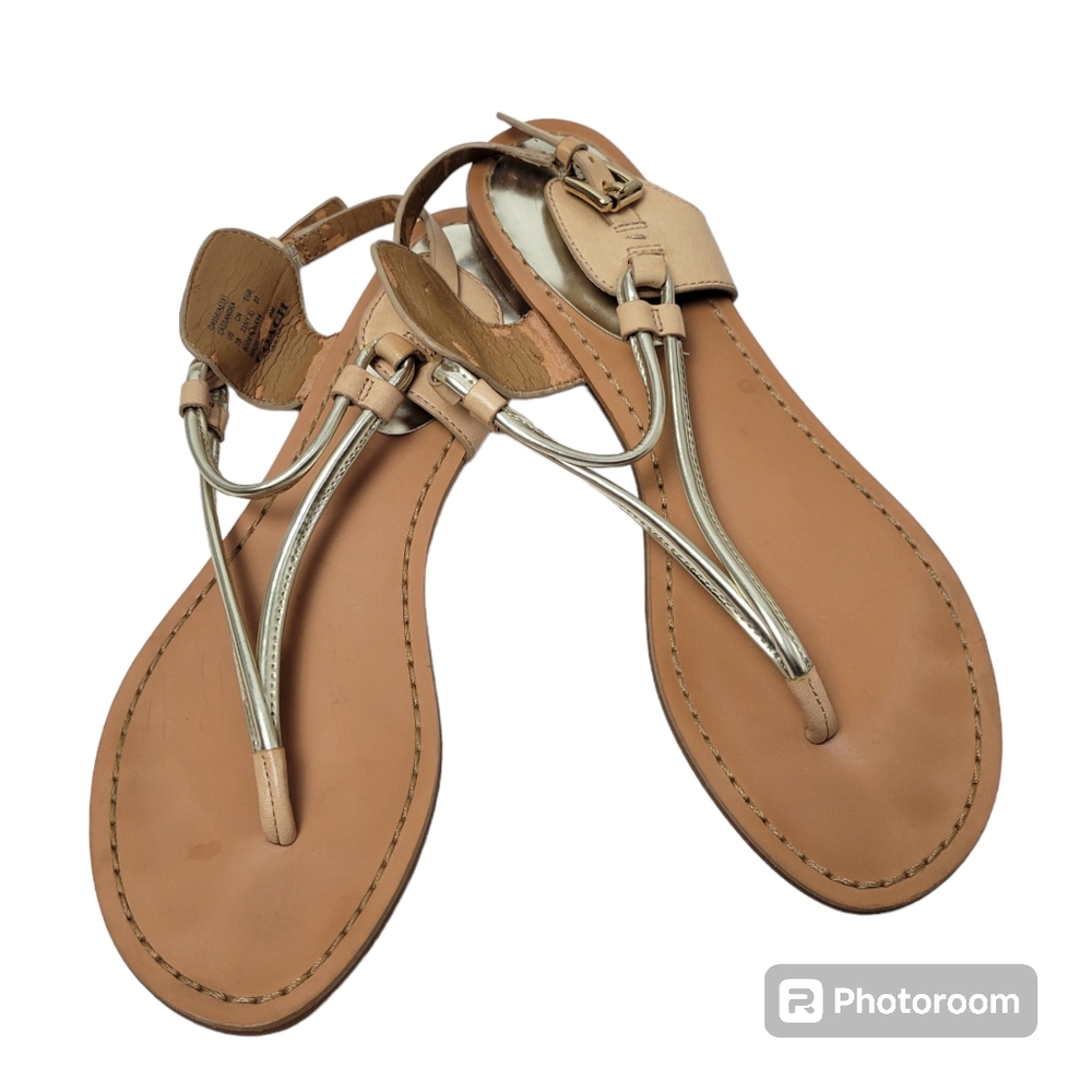 Coach Beige and Metallic Gold Leather T-Strap Sandals - Picture 3 of 16